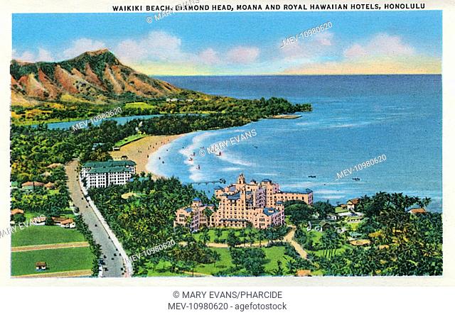 Aerial view of Waikiki Beach, Diamond Head, the Moana Hotel and the Royal Hawaiian Hotel, Honolulu, Hawaii, USA