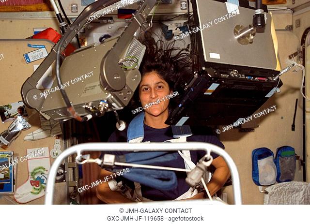 Surrounded by hardware, astronaut Sunita L. Williams, Expedition 14 flight engineer, equipped with a bungee harness, exercises on the Treadmill Vibration...
