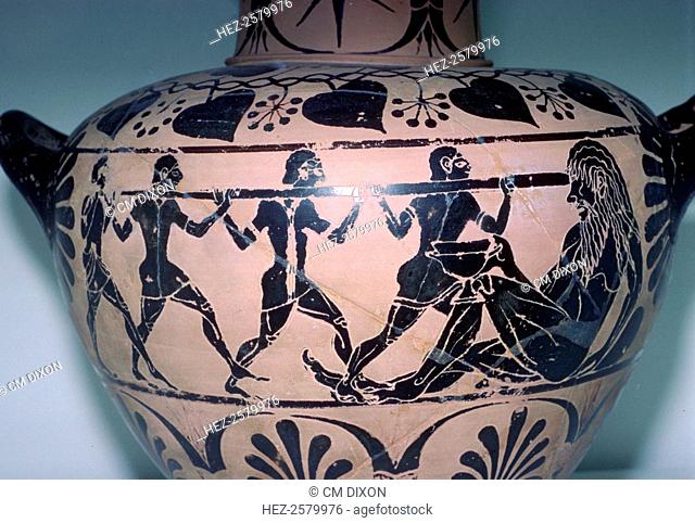Polyphemus is having his eye put out by Odysseus and his companions. This vase is from an Etruscan tomb