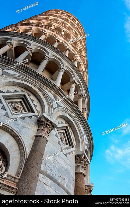 PISA, TUSCANY/ITALY - APRIL 17 : Exterior view of the Leaning Tower of Pisa Tuscany Italy on April 17, 2019
