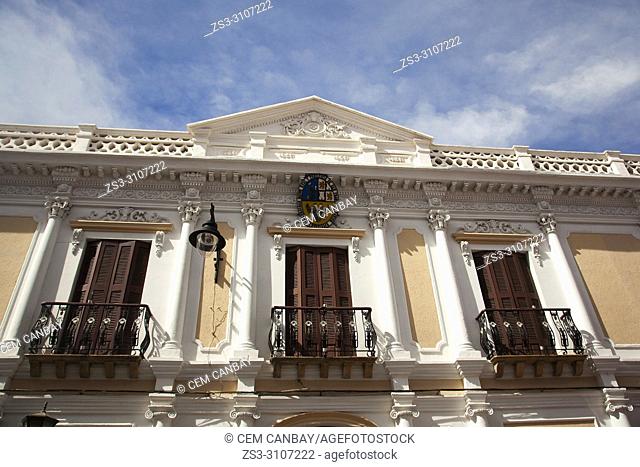 View to the balconies of a colonial building used as Facultad de Humanidades y Ciencia in the historic center, Sucre, Chuquisaca Department, Bolivia