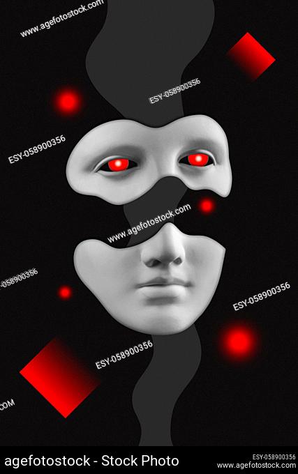 Antique sculpture of woman face surreal collage in pop art style. Modern image with cut details of statue head. Red eyes. Dark concept