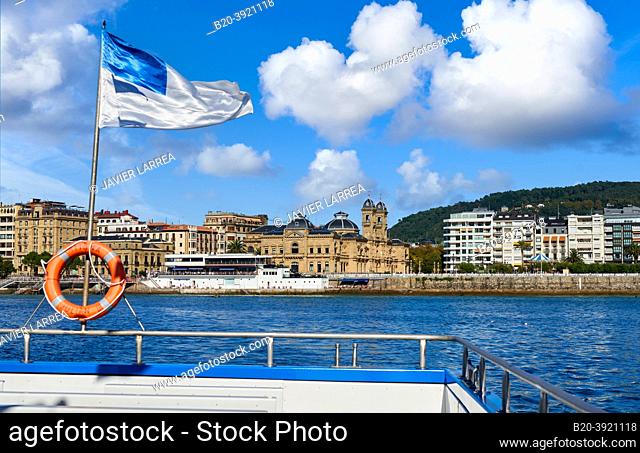Tourist boat sailing through La Concha Bay, it is part of the excursion that takes place from Puerto Donostiarra to Santa Clara Island