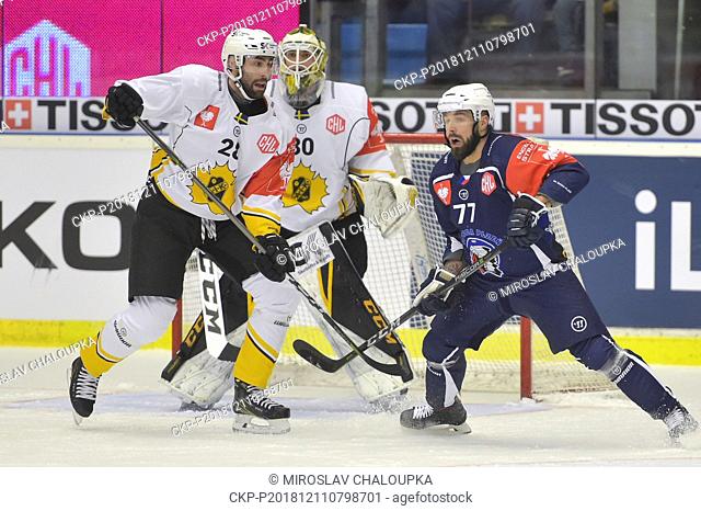 L-R Johan Alm (Skelleftea), goalkeeper Gustaf Lindvall (Skelleftea) and Milan Gulas (Plzen) in action during the ice hockey Champions League playoff...