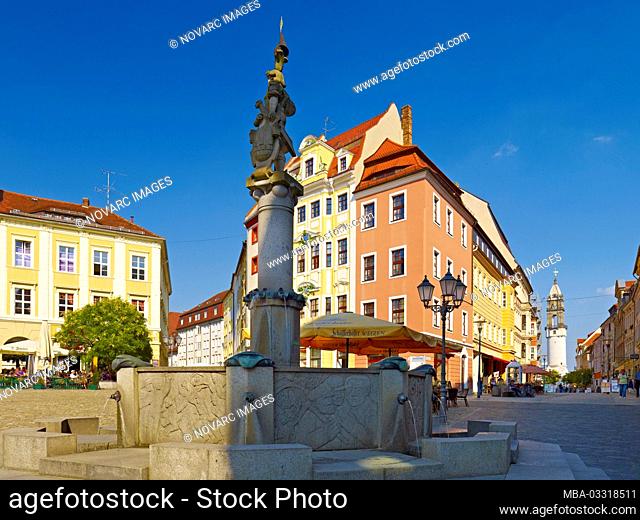 Hauptmarkt with fountain and Reichenstrasse, Bautzen, Upper Lusatia, Saxony, Germany