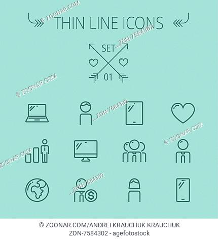 Technology thin line icon set for web and mobile. Set includes - laptop, monitor, video global, smartphone, heart. Modern minimalistic flat design
