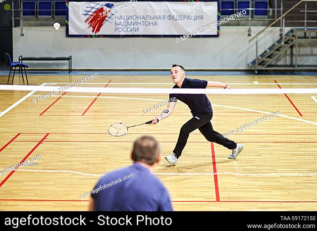 RUSSIA, MOSCOW REGION - MAY 18, 2023: A badminton match takes place as part of the Parafest Paralympic sports festival at the Borisoglebsky Sports Palace in...