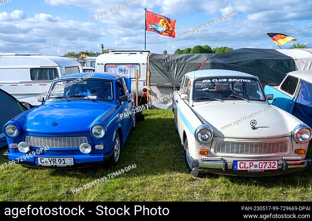 17 May 2023, Mecklenburg-Western Pomerania, Anklam: Trabant vehicles can be seen at the 28th International Trabi Meeting. Until 21.05