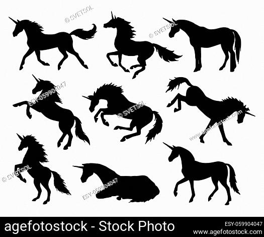Vector set bundle of hand drawn unicorn silhouette isolated on white background