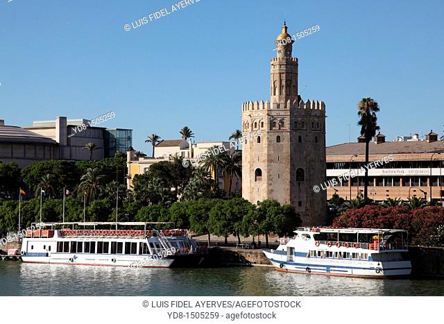 Torre de Oro and Cruise Tourism on the River Guadalquivir, Sevilla, Spain, Europe