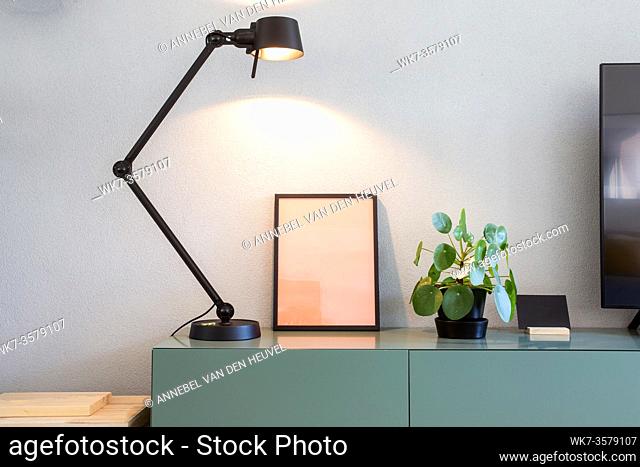 Stylish modern interior, empty picture frame with black lamp and green Chinese Money plant, retro pancake plant on green table scandinavian design close-up