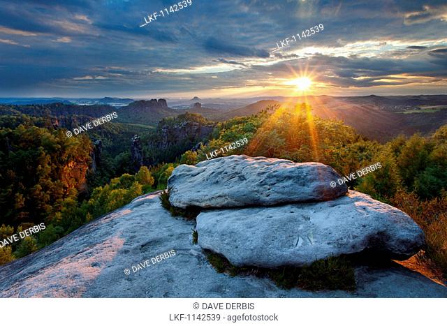 Sunset, Forest, Carolafelsen, National Park, Saxon Switzerland, Saxony, Germany