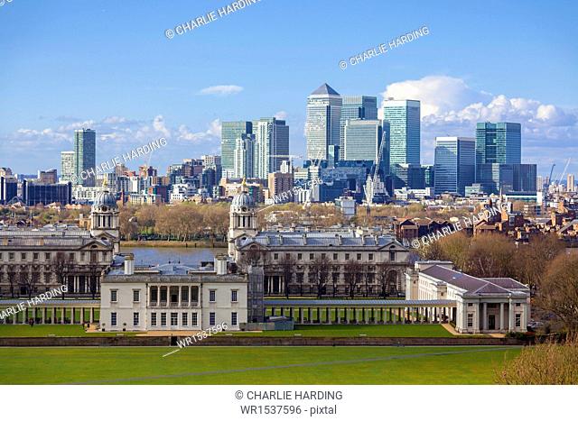 View of the The Old Royal Naval College and Canary Wharf, taken from Greenwich Park, London, England, United Kingdom, Europe