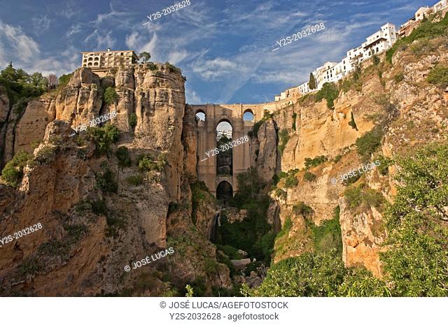 Gorge ""Tajo"", New Bridge and town, Ronda, Malaga-province, Region of Andalusia, Spain, Europe