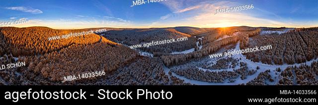 germany, thuringia, ilmenau, gehren, forest, mountains, stream, snow, rennsteig area, sunset, partly back light, 360 –° panorama