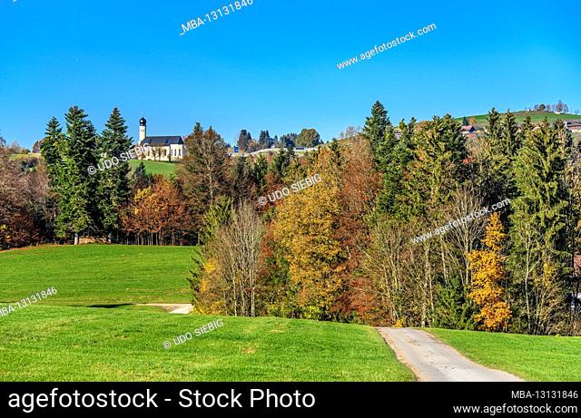 Germany, Bavaria, Upper Bavaria, Oberland, Irschenberg, district Wilparting with the pilgrimage church of St. Marinus and Anian, view at Oberlohe