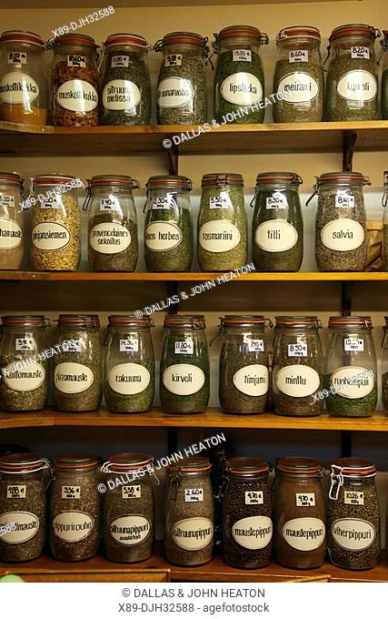 Finland, Region of Finland Proper, Western Finland, Turku, Turku Historical Indoor Market Hall, Jars of Herbs and Spices