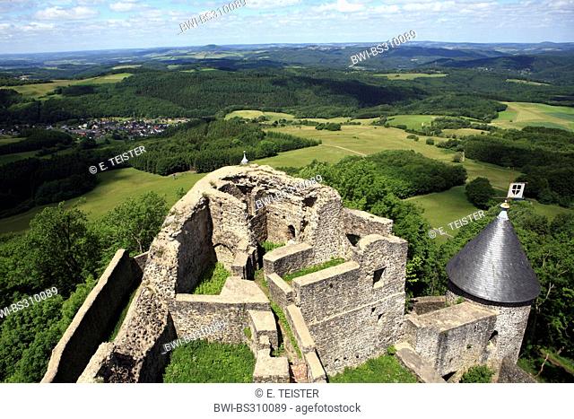 panoramic view from Nuerburg Castle over theforest and meadow landscape of the Eifel, Germany, Rhineland-Palatinate, Nuerburg