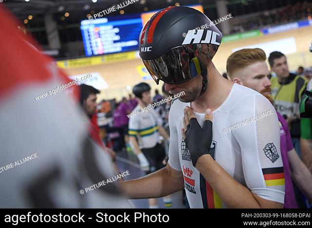 01 March 2020, Berlin: Cycling/track: World Championship, Madison, men: Roger Kluge from Germany goes on the track. Photo: Sebastian Gollnow/dpa