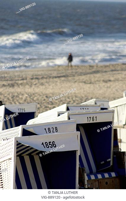 GERMANY, SYLT, Deserted beach chairs on the beach of Westerland. - SYLT, GERMANY, 12/04/2008