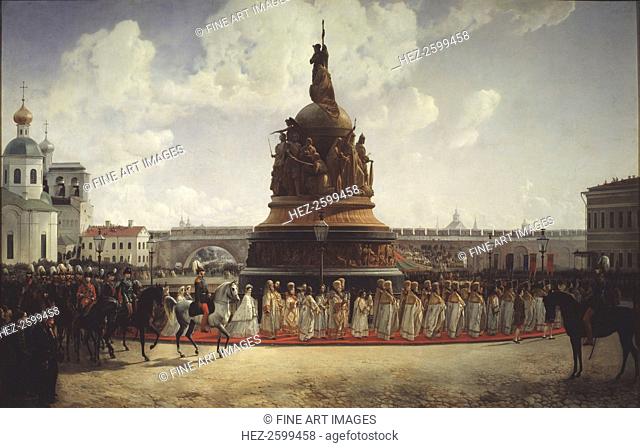 The Consecration of the Monument to the Millennium of Russia in Novgorod on 1862, 1864. Found in the collection of the State Open-air Museum of History and...