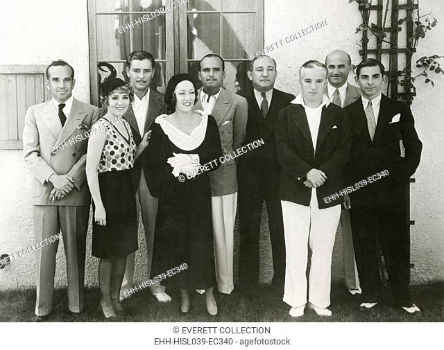 Movie stars and executives of United Artist Corporation. Ca. Nov. 10, 1930. L-R: Al Jolson, Mary Pickford, Ronald Colman, Gloria Swanson, Douglas Fairbanks
