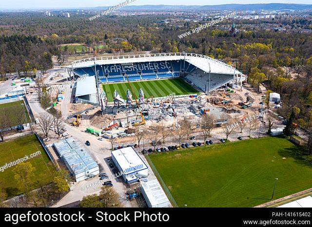 View with the drone on the construction site of the Wildpark Stadium. You can see the versustribuene and the main grandstand