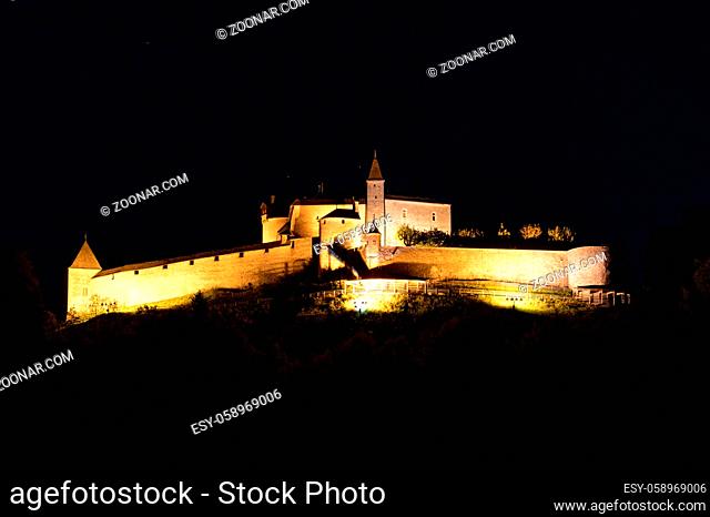 Gruyere, VD / Switzerland - 31 May 2019: the historic castle at Gruyere in the Swiss canton of Vaud at night