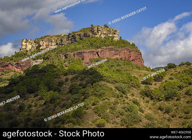 Siurana cliffs seen from the Siurana reservoir (Priorat, Tarragona, Catalonia, Spain)