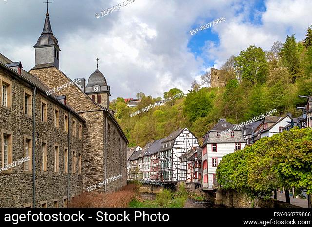 historic houses along the Rur river, Monschau, Germany