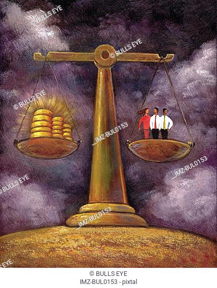 An illustration of three people standing on a scale being balanced by money