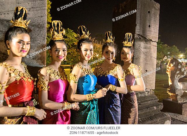 traditional dress Khmer dance girls at the Khmer Temple Ruins at the Phimai Festival in Phimai in the Provinz Nakhon Ratchasima in Isan in Thailand