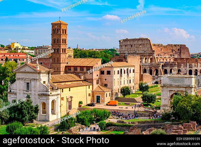 Colosseum and Roman Forum, a forum surrounded by ruins in Rome, Italy