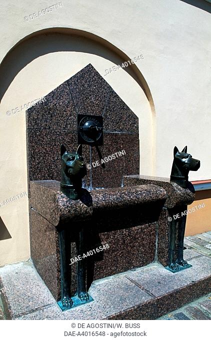 Marble fountain with stylized dogs, Kaunas, Lithuania