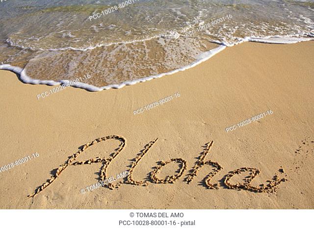 aloha written in the sand of a Hawaiian beach