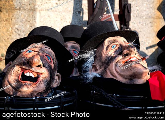 Basel, Switzerland - March 10, 2014: Self-made masks for the traditional carnival parade, where dressed up people march trough the city center