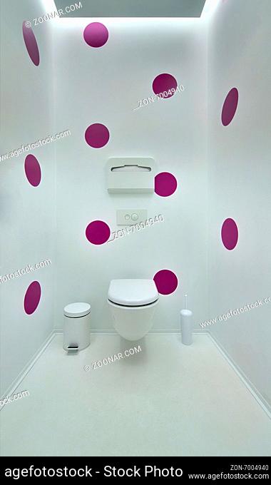 Public toilet in a modern loft style. Minimalism, toilet, brush, trash. The walls are painted in purple spots