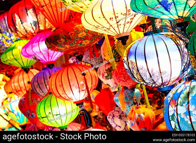 Decorative lanterns and light in the Night Market of Hoi An, Vietnam