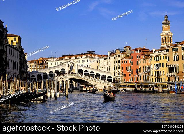Gondolier, Rialto Bridge and Tourists at Gondolas in Grand Canal with Traditional Venetian Colorful Houses - Quiet Morning in Venice, Veneto, Italy