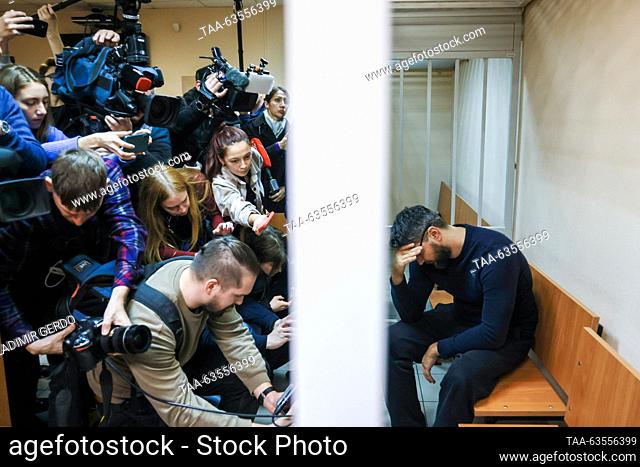RUSSIA, MOSCOW REGION - OCTOBER 20, 2023: Musician Stas Namin's stepson Roman Mikoyan (R) appears at the Istra Municipal Court charged with murdering Stas...