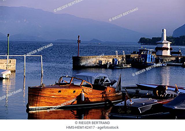 France, Savoie (73), Le Bourget lake, Petterson-Svea motorboat in the Aix-les-Bains harbour
