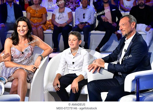 Amadeus with wifw Giovanna Civinini and son Jose during tv broadcast Domenica In first episode in the Fabrizio Frizzi Rai studios