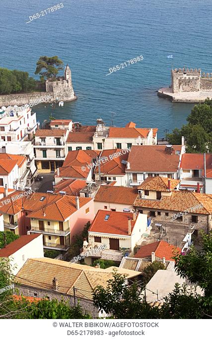 Greece, West Greece Region, Nafpaktos, elevated view of the inner harbor