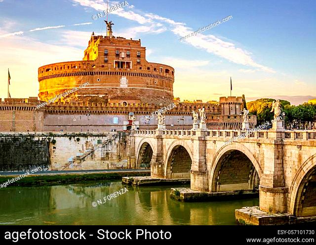 View of Hadrian Mausoleum, Castel Sant' Angelo in Rome, Italy. Rome architecture and landmark. Castel Sant'Angelo is one of the main attractions of Rome and...