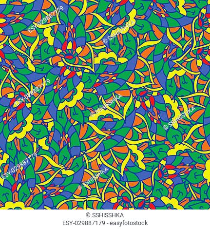 Vector doodle hand drawn seamless pattern. Endless texture with abstract flowers. Bright ethnic backdrop. Summer template