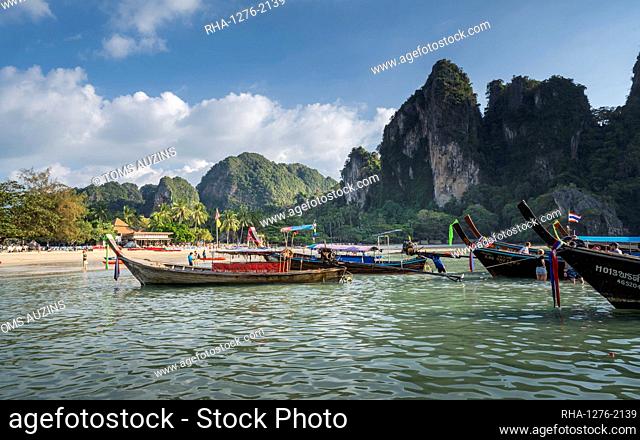 Long tail boats on Railay beach in Railay, Ao Nang, Krabi Province, Thailand, Southeast Asia, Asia