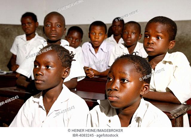 School children in school uniform during class, Kinshasa, Congo