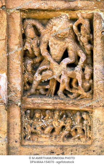 Ukkra Narasimha killing Hiranya sculptures in the Upper Shivalaya temple is early Chalukyan temple in north fort ; Badami ; Karnataka ; India
