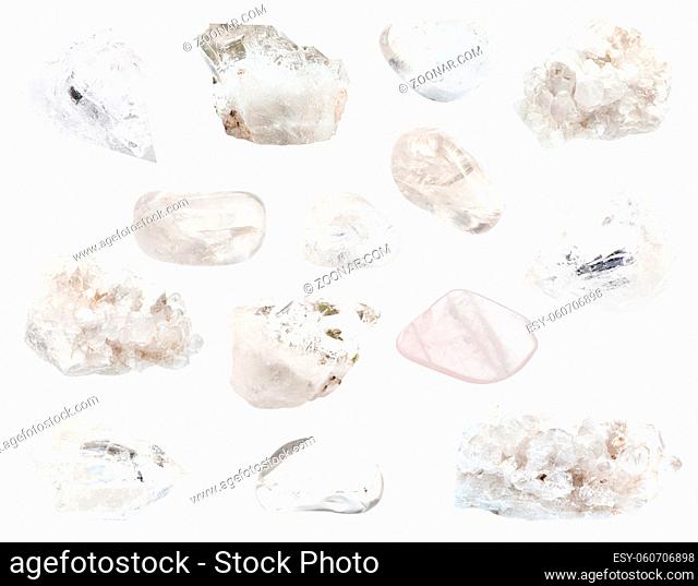set of various colorless Rock-crystal gemstones isolated on white background