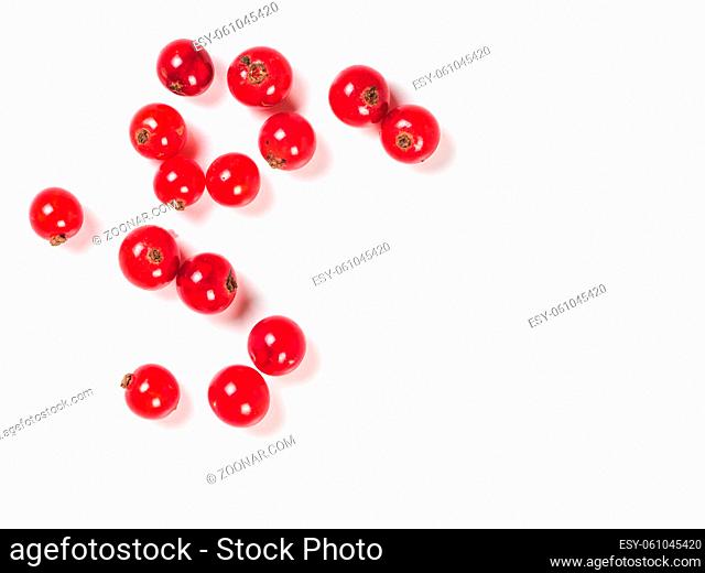 Creative layout of red currant berries. Food and diet concept. Top view of ripe red currant berries with copy space. Isolated on white with clipping path